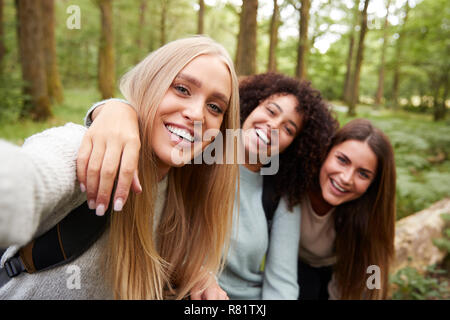 Tre giovani donne adulte prendendo un selfie in una foresta durante un'escursione, close up Foto Stock