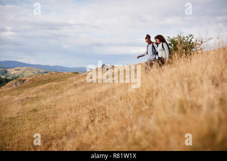 Una razza mista giovane adulto giovane sorriso mentre si cammina lungo un campo in discesa durante una escursione in montagna Foto Stock