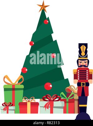 Albero di natale schiaccianoci e regali decorazione illustrazione vettoriale Illustrazione Vettoriale