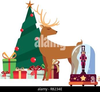 Albero di natale cervi schiaccianoci e regali decorazione illustrazione vettoriale Illustrazione Vettoriale