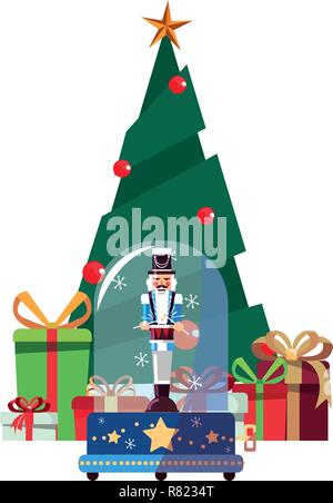 Albero di natale schiaccianoci e regali decorazione illustrazione vettoriale Illustrazione Vettoriale