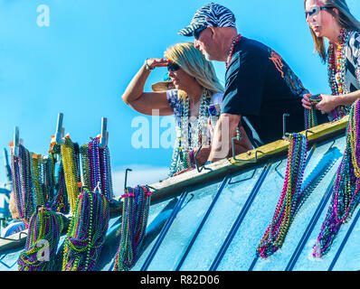 I festaioli ride su una flottazione verso il basso Canal Street in Mobile, Alabama, durante il Joe Caino parata del giorno a Mardi Gras. Foto Stock