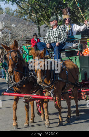 Chickasaw fictional capo indiano Slacabamorinico corse verso Washington Street nel Mobile, Alabama, durante il Joe Caino giorno Mardi Gras processione. Foto Stock