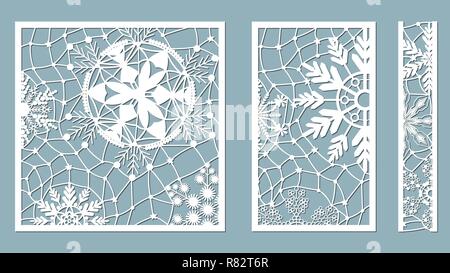 Pannelli ornamentali con schema a fiocco di neve. Taglio Laser pizzo decorativo confini pattern. Set di segnalibri modelli. Immagine adatta per il taglio laser, pl Illustrazione Vettoriale