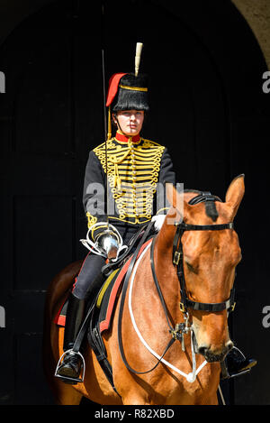 Soldato femmina del Re della truppa cavallo Royal Artillery in guardia in sfilata delle Guardie a Cavallo, Whitehall, Londra, vestito in uniforme. Soldato montato con la spada Foto Stock