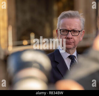 Londra xii Deceember 2018 politici e commentatori a parlare con i mezzi di informazione su College Green, di fronte alla House of Commons il seguente announcemnet del voto di sfiducia nei confronti del Primo Ministro Theresa Maggio Michael Gove, ambiente Segretario colloqui per i media a sostegno del Primo ministro, Credito Ian Davidson/Alamy Live News Foto Stock