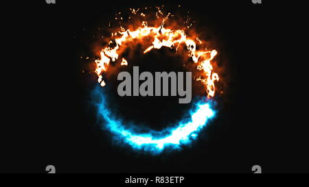 Luminoso fuoco dinamico e anello di ghiaccio nello spazio, questo è il simbolo di fronte, 3d rendering, computer sfondo generato Foto Stock