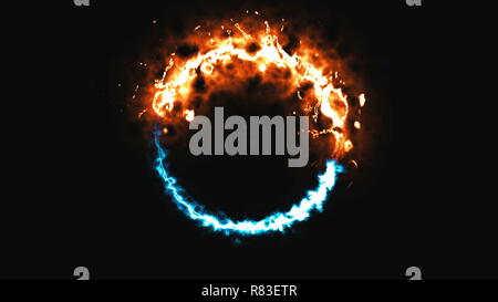 Luminoso fuoco dinamico e anello di ghiaccio nello spazio, questo è il simbolo di fronte, 3d rendering, computer sfondo generato Foto Stock
