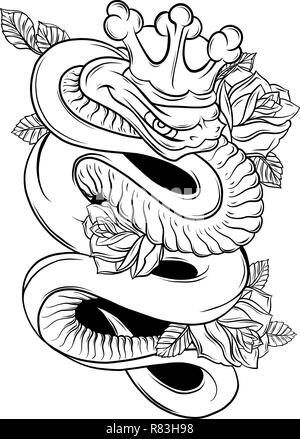 Illustrazione Vettoriale Snake e Rose tradizionale arte del tatuaggio Illustrazione Vettoriale