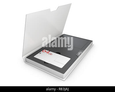 Vuoto in plastica bianco usb card mockup in scatola, 3d illustrazione Foto Stock