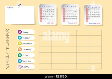 Calendario per il terzo trimestre del 2019 anno con settimanale planner grafico e etichetta vuota per le note. Settimana di inizio Domenica. Illustrazione Vettoriale