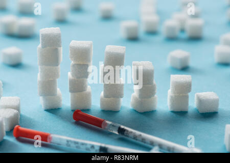 Scale di zucchero e di siringhe da insulina su sfondo blu Foto Stock