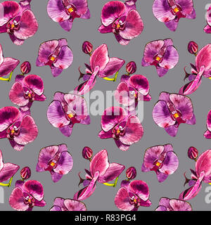 Acquerello orchid branch, disegnato a mano senza giunture floral background pattern. Flora illustrazione ad acquerello, botanico pittura, disegno a mano. Foto Stock