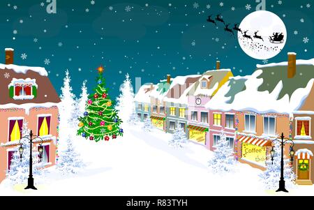 In inverno il paesaggio della città. Babbo Natale sulla sua slitta sullo sfondo della luna. Strada di città in inverno. Le case sono ricoperte di neve. La neve su un cit Illustrazione Vettoriale