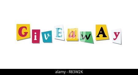 Giveaway scheda Banner con colori di esclusione di lettere da un giornale o una rivista. Design colorato per i social media della concorrenza Illustrazione Vettoriale