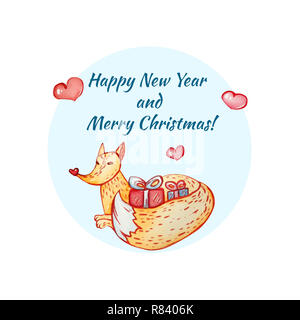 Biglietto di auguri Buon Natale e Felice Anno Nuovo. Fox abbracci il dono. Illustrazione ad acquerello su sfondo bianco. Foto Stock