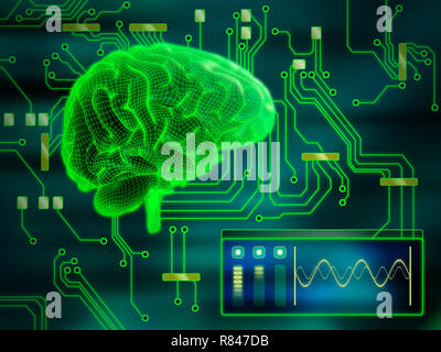Un cervello umano come una unità centrale di elaborazione. Illustrazione Digitale. Foto Stock