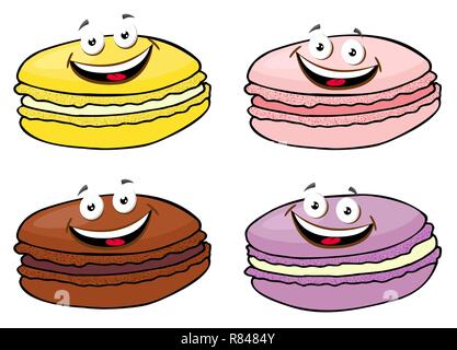 Torta macaron o amaretto illustrazione vettoriale set, colorati biscotti di mandorle, colori pastello. Divertente personaggio dei fumetti illustrazione. Illustrazione Vettoriale