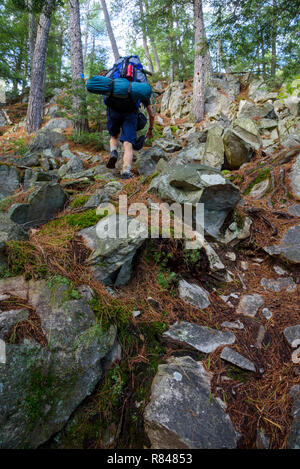 Escursionista sulla La Cloche Silhouette Trail, Killarney Provincial Park, Ontario, Canada Foto Stock