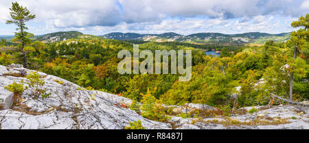 Bianco affioramenti di quarzite, La Cloche Silhouette Trail, Killarney Provincial Park, Ontario, Canada Foto Stock