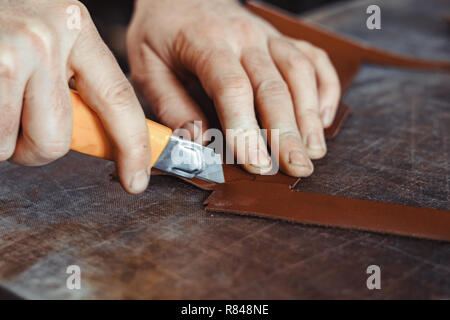 Maschio professionale skinner, pellicciaio lavora con Pelliccia di Visone pelle ad atelier, workshop. Moda e marocchineria concept Foto Stock