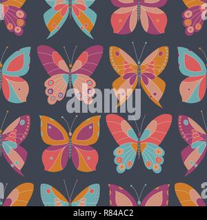 Abstract coloratissime farfalle su sfondo grigio scuro Vector Seamless Pattern. Bella bug. Gli insetti. Bold elegante texture moderna perfetto per Fashio Illustrazione Vettoriale