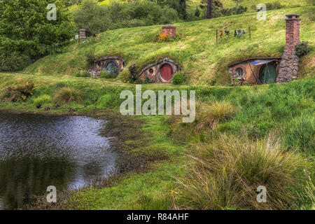 Hobbiton, set cinematografico, Waikato, Matamata, Nuova Zelanda Foto Stock