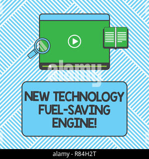 La grafia la scrittura di testo Nuova tecnologia il risparmio di carburante del motore. Concetto significato le moderne tecnologie per le automobili Tablet Video Player Upload Download Foto Stock