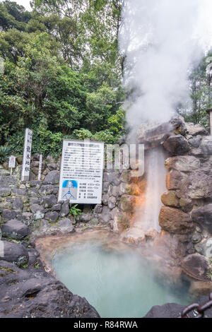 Beppu, Oita, Giappone, 8 Novembre 2018: Tatsumaki Jigoku (Tornado Inferno) fontana in autunno, che è uno dei più famosi hot springs viewpoint, ri Foto Stock