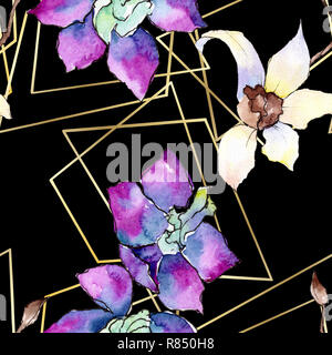 Viola e bianco fiori di orchidea. Perfetta configurazione di sfondo. Tessuto di stampa sfondo texture. Acquerello illustrazione dello sfondo impostato. Polyhed geometrica Foto Stock