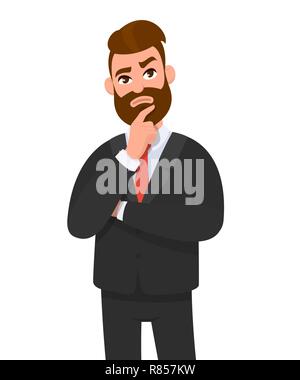 Giovane imprenditore pensando qualcosa e braccio incrociato e tenendo il dito indice sulla ganascia. Considerato imprenditore cercando di pensare concetto. Emozione e Illustrazione Vettoriale