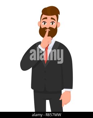 Business man chiedendo il silenzio per favore. Rimanere in silenzio. L'uomo chiuso la sua bocca con il dito. Shut up! Emozione e il linguaggio del corpo concetto in stile cartoon vector Illustrazione Vettoriale