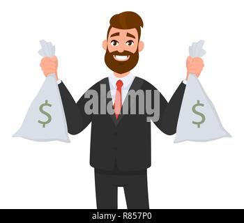 Sorridente uomo d'affari riuscito che tiene i contanti/soldi/borse di valuta e che sta isolato in piedi in fondo bianco. Concetto di business o finanza di successo Illustrazione Vettoriale