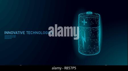Caricate completamente poligonale batteria alcalina. L'energia di immagazzinamento di potenza ricaricabile elettrico di alimentazione. Blu brillante bassa poli poligono spaziale di particelle cielo scuro in un settore tecnologico concetto illustrazione vettoriale Illustrazione Vettoriale