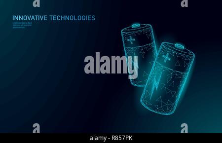 Caricate completamente poligonale batteria alcalina. L'energia di immagazzinamento di potenza ricaricabile elettrico di alimentazione. Blu brillante bassa poli poligono spaziale di particelle cielo scuro in un settore tecnologico concetto illustrazione vettoriale Illustrazione Vettoriale