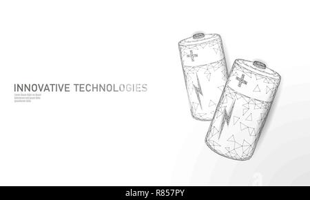 Caricate completamente poligonale batteria alcalina. L'energia di immagazzinamento di potenza ricaricabile elettrico di alimentazione. Bianco grigio neutrale bassa poli poligono spaziale di particelle cielo scuro in un settore tecnologico concetto illustrazione vettoriale Illustrazione Vettoriale