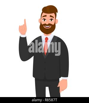 Happy businessman rivolta verso l'alto indice con il dito per copiare lo spazio. Imprenditore emozione e il linguaggio del corpo concetto illustrazione vettore in stile cartoon. Illustrazione Vettoriale