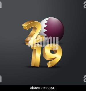 2019 Golden Tipografia con il Qatar bandiera. Felice anno nuovo lettering Illustrazione Vettoriale