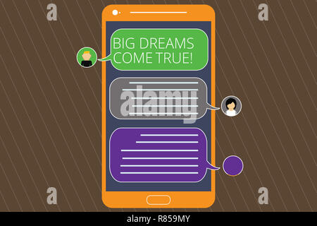 Segno di testo che mostra grandi sogni. Foto concettuale grandi desideri possono diventare realtà soggiorno motivato Mobile Messenger schermo con teste di Chat e bl Foto Stock