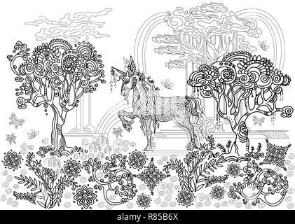 Vettore di disegno a mano illustrazione zentangle unicorn in colore nero isolato su sfondo bianco. Doodle unicorn illustrazione con elementi d'impianto. Colore Illustrazione Vettoriale