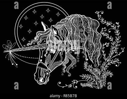 Vettore di disegno a mano illustrazione zentangle unicorn in colore bianco isolato su sfondo nero. Doodle unicorn illustrazione con elementi d'impianto. Colore Illustrazione Vettoriale