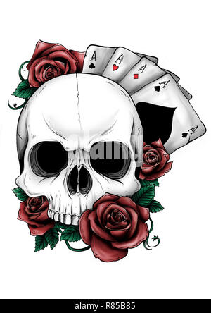 Cranio con fiori, con rose. Disegno a mano. . Illustrator 10. Foto Stock