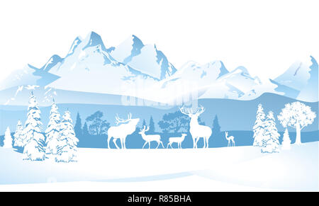 Cervi in inverno in montagna, illustrazione Foto Stock