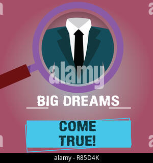 Segno di testo che mostra grandi sogni. Foto concettuale grandi desideri possono diventare realtà soggiorno motivato lente di ingrandimento Ingrandimento di foto di ispezionare un Foto Stock