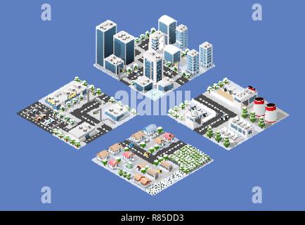 Set di modulo isometrica della moderna città 3d. Paesaggio Di Inverno alberi innevati, strade. Viste tridimensionali di grattacieli, case, edificio e urb Illustrazione Vettoriale