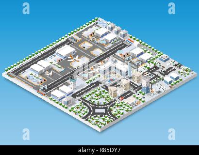 Natale isometrica Anno Nuovo pista di atterraggio per aerei della città international airport terminal e il piano di trasporto e la pista di atterraggio aereo, aeromobili jet. Urban Illustrazione Vettoriale