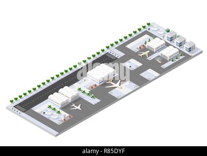 Natale isometrica Anno Nuovo pista di atterraggio per aerei della città international airport terminal e il piano di trasporto e la pista di atterraggio aereo, aeromobili jet. Urban Illustrazione Vettoriale