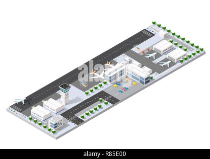 Natale isometrica Anno Nuovo pista di atterraggio per aerei della città international airport terminal e il piano di trasporto e la pista di atterraggio aereo, aeromobili jet. Urban Illustrazione Vettoriale