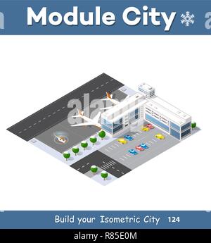Natale isometrica Anno Nuovo pista di atterraggio per aerei della città international airport terminal e il piano di trasporto e la pista di atterraggio aereo, aeromobili jet. Urban Illustrazione Vettoriale