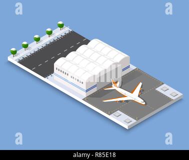 Natale isometrica Anno Nuovo pista di atterraggio per aerei della città international airport terminal e il piano di trasporto e la pista di atterraggio aereo, aeromobili jet. Urban Illustrazione Vettoriale